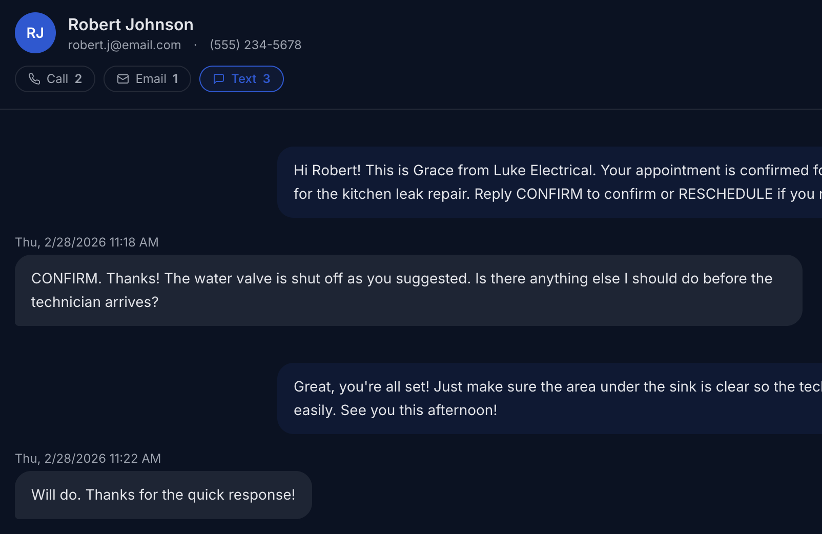 Grace texting a customer to confirm an appointment