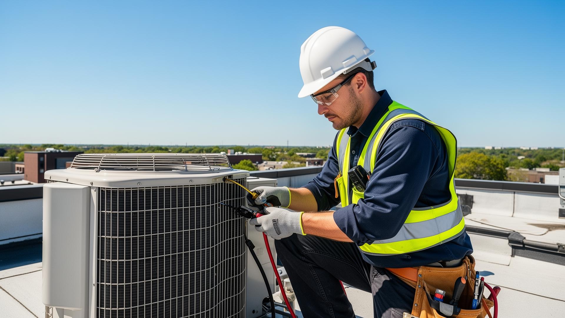 HVAC technician servicing air conditioning unit