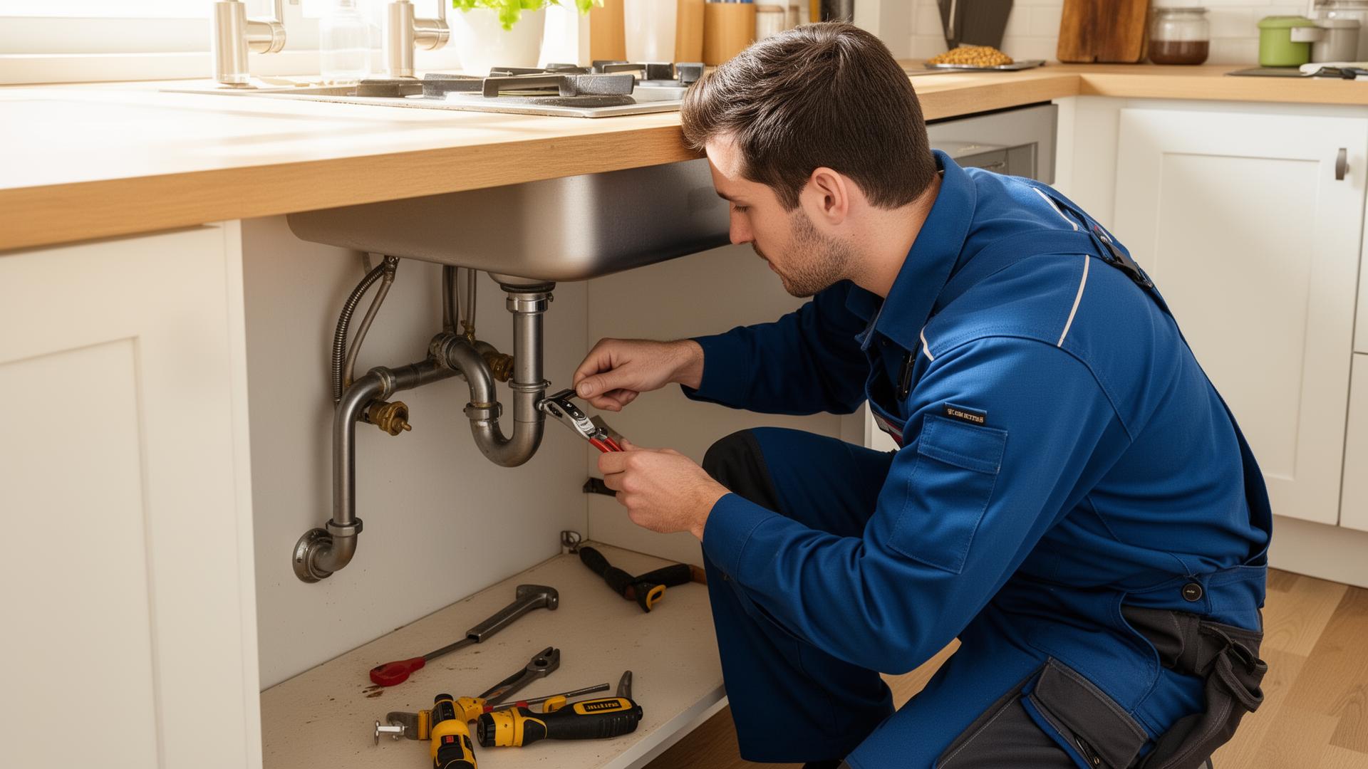 Professional plumber working on pipes