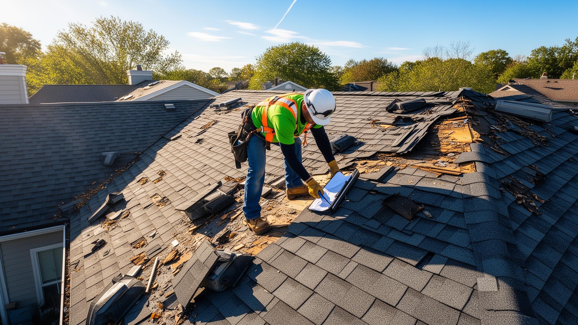 Professional roofer inspecting storm damage on residential roof