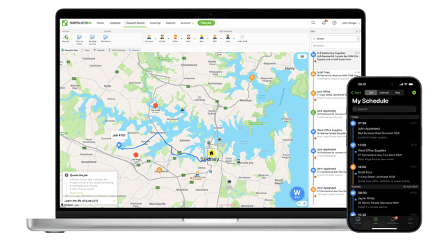 ServiceM8 platform on laptop and mobile