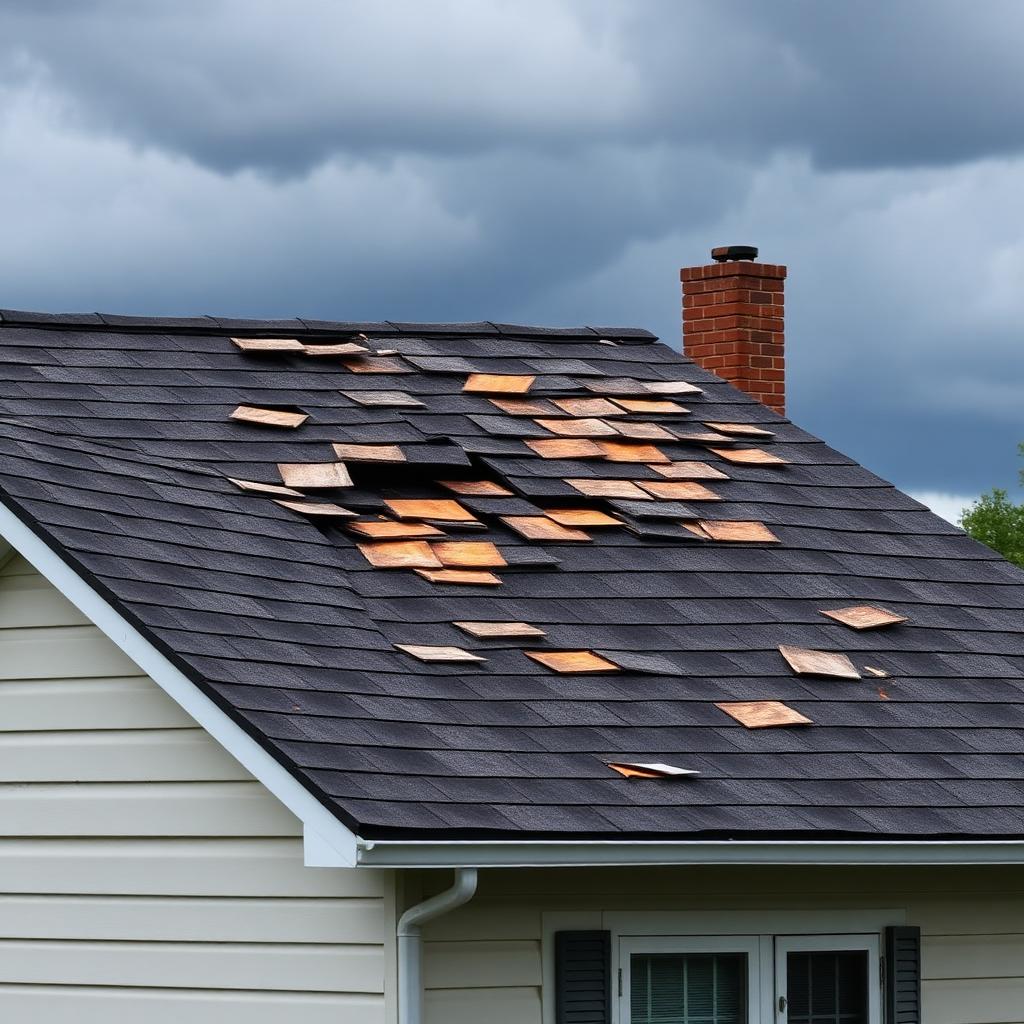 Storm damaged roof with missing shingles